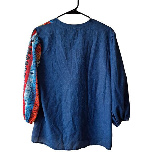 Unknown Blue Multicolored 3/4 Sleeve Button Front Crewneck Blouse - Size S - Picture 2 of 11